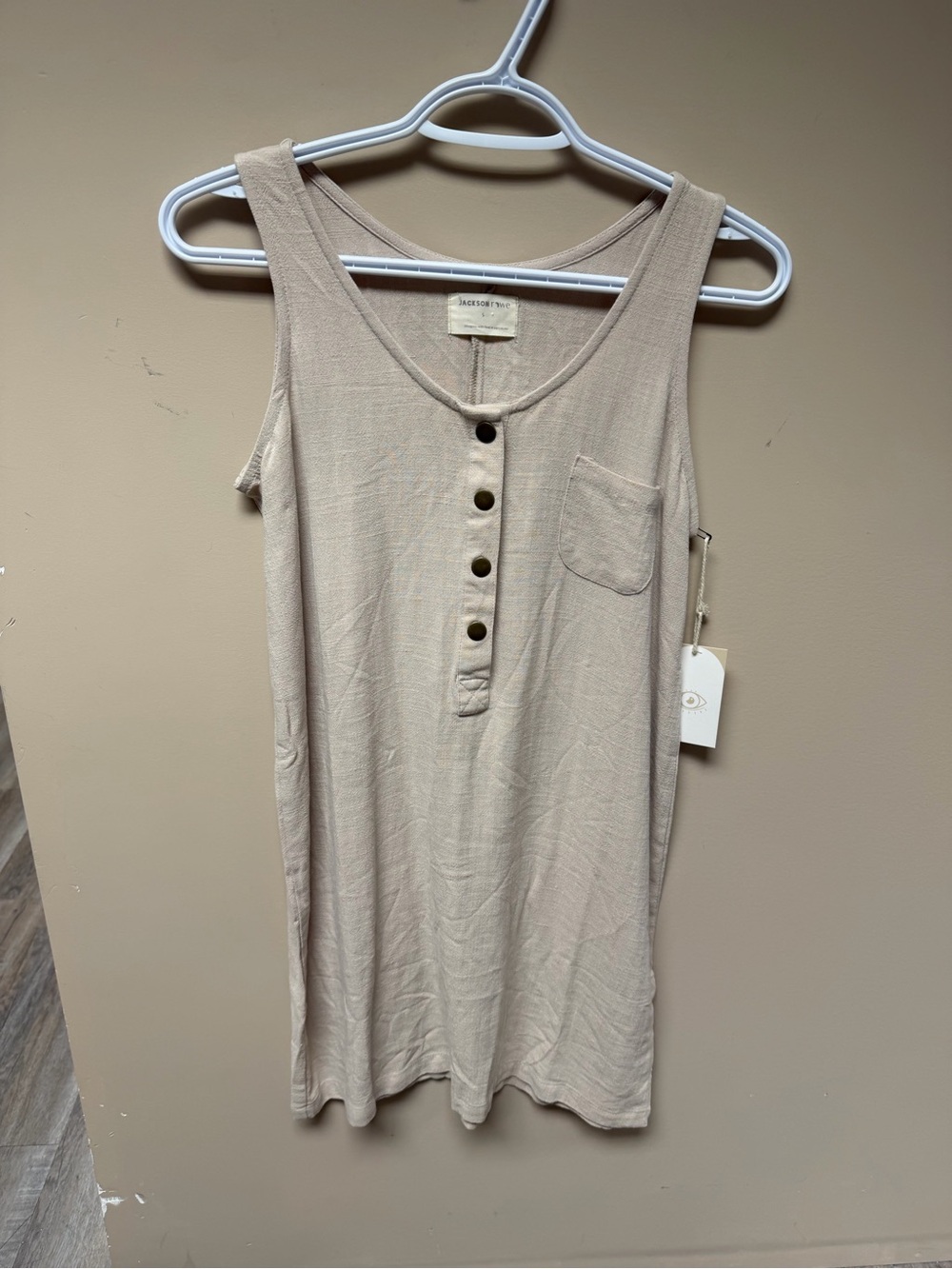 Jackson Rowe linen Neutral Beige Sleeveless Henley Tank Dress